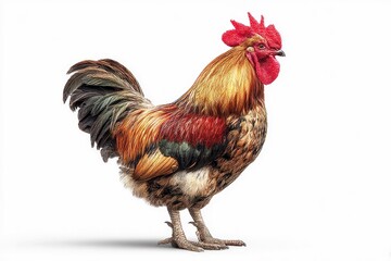 Fototapeta premium A magnificent and colorful rooster stands proudly in full profile against a clean white background, making it an excellent isolated subject. Its vibrant plumage displays a rich tapestry of golden, bro