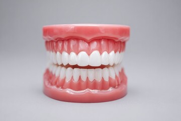 Obraz premium A meticulously clean dental model, showcasing a full set of healthy, bright white teeth set within realistic pink gums against a neutral gray background. This detailed anatomical representation serves