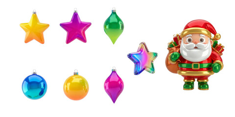 3D cute Santa Claus character with colorful glossy Christmas baubles and stars. Festive holiday decoration set isolated