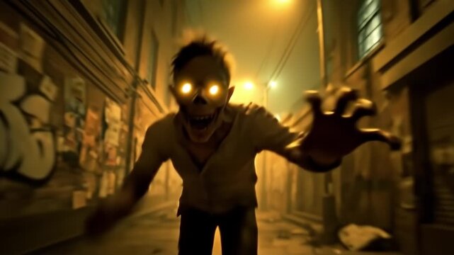 A man in a white shirt is running through a alleyway at night