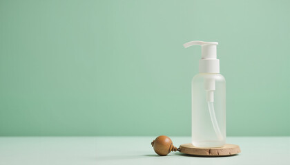 Transparent pump bottle on natural wood coaster beside brown acorn. Concept of eco-friendly packaging, skincare products, or natural beauty. Useful for articles on sustainability in cosmetics.