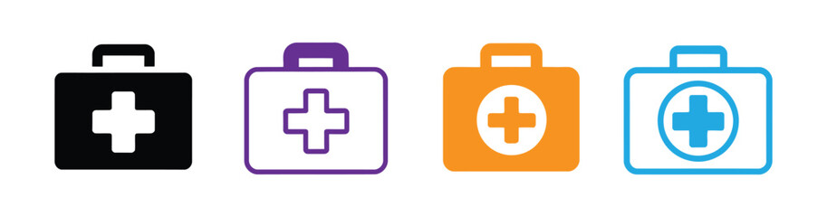Obraz premium First aid box icon, medical briefcase icon. Medical bag solid icon. First aid kit icons set in various colors. Hospital doctor first aid box glyph style pictogram on white background. 