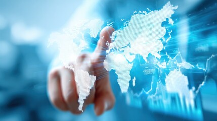 Global Network Connection: A Businessman's Touch on World Map Interface with Digital Data Visualization