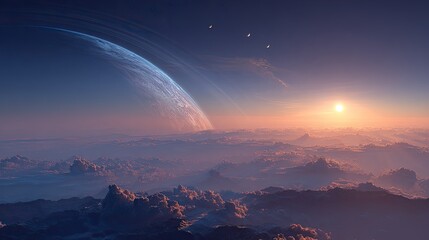 A distant planet with rings rises over cloud cover and the glow of a setting sun