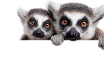Fototapeta premium A charming pair of captivating primates peeks with curiosity over a clean, bright white surface, their large, expressive amber eyes fixed directly on the viewer. The smaller, younger animal is nestled