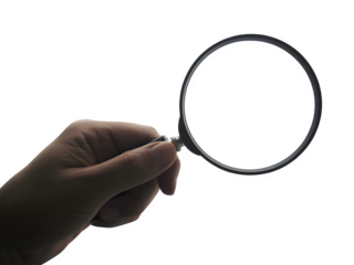 Hand holding a magnifying glass against a dark background symbolizing research and discovery