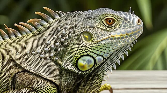 Green tropical lizard iguana portrait with closeup scales on a wild tree branch in nature