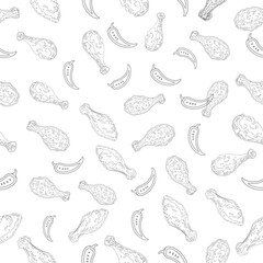 Spicy Fried Chicken Seamless Pattern. Chili Pepper Doodle Background. Crispy Chicken Outline Design for Food Packaging. Restaurant Branding Repeat Art.