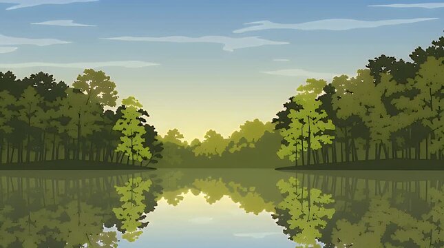 Beautiful tranquil blue lake with reflection of green forest and sky