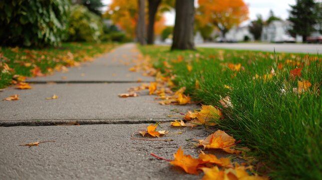 Fototapeta Autumn Sidewalk Scene with Colorful Fallen Leaves and Lush Green Grass in Residential Neighborhood