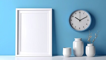 A white framed artwork next to a blue clock and vases with sparse stems on a white surface, set against a blue wall