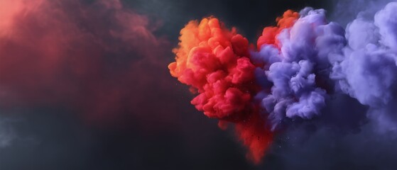 Obraz premium Valentine abstract scene with bright powder clouds merging into heart silhouette creating vivid artistic moment shaped by dark minimal layout and rich textures supporting expressive romantic feeling