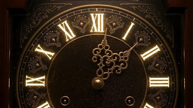 Close up of an antique grandfather clock face with glowing roman numerals and ornate golden hands showing the time near midnight