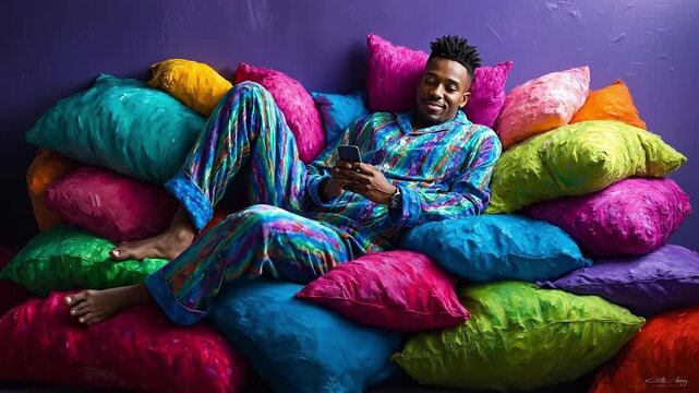 A man sitting on a pile of colorful pillows with a cell phone