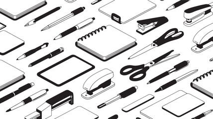 Isometric black and white office supplies pattern with pens notebooks staplers and scissors stationery