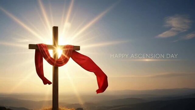 Wooden christian cross draped with flowing red cloth against a brilliant sunrise sky celebrating ascension day - Powered by Adobe
