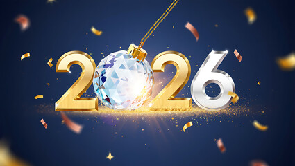 New Year 2026: A shimmering golden 2026 shines brightly, the 0 replaced with a festive bauble, amidst scattered confetti against a deep blue backdrop, conveying the essence of hope and anticipation.