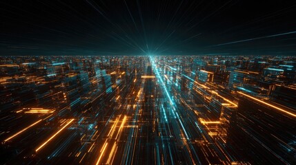 Futuristic cityscape with data streams and a bright, glowing center