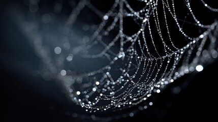 an up close photograph of a spider web adorned with numerous sparkling drops, creating a visually captivating pattern against a dark background