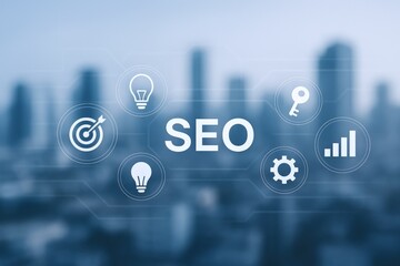 SEO Strategy Concept with Target, Ideas, Security, Progress and Cog Icons over Blurred Cityscape