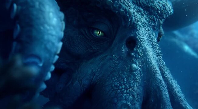 Close-up cinematic shot of a mysterious giant blue octopus with glowing green eye, underwater fantasy scene