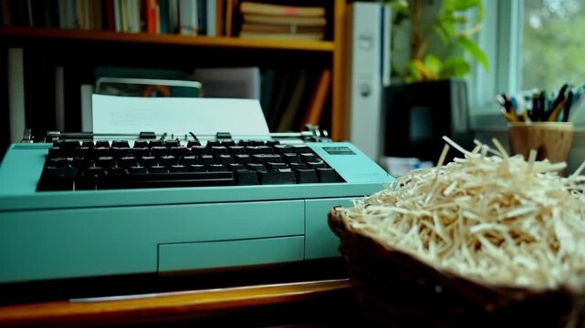 Vintage typewriter on wooden desk with shredded paper basket in retro office