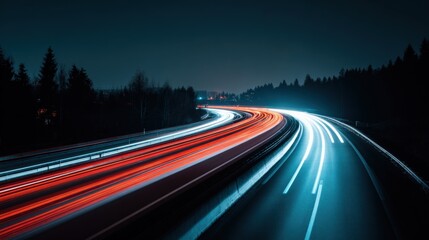 Night Highway Long Exposure with Streaking Car Headlights and Taillights on a Dark Road