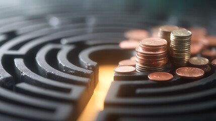 Golden path finance maze coins money savings strategy investment success wealth glow guides through dark maze toward stacked coins, symbolizing finance strategy, savings growth, and investment