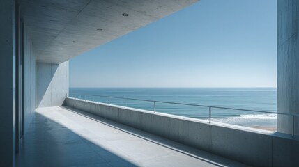 Fototapeta premium Modern Architecture Ocean View Balcony with Blue Sky and Sea, Minimalist Design, Concrete Structure