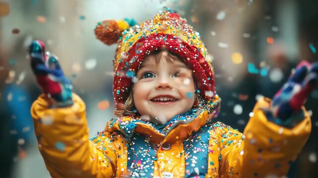 A joyful child in a vibrant mini carnival costume happily tosses confetti into the air, embracing the festive spirit of Cologne's grand celebration during the famous carnival.