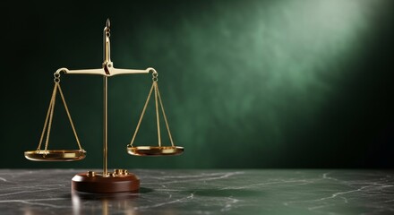 Classic golden scales of justice on dark marble table with green background