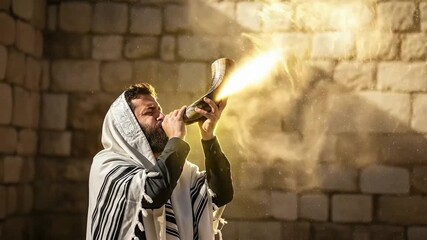Devout jewish man in tallit blowing shofar against ancient stone wall symbolizing spiritual awakening and religious observance