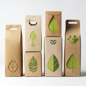 a collection of packaging options for eco friendly shopping bags. there are five boxes in total, each with its own design and decoration