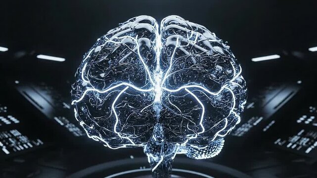Abstract AI brain with dynamic lighting pulses, highlighting radiant pathways and shadowed depth in moody chiaroscuro style.