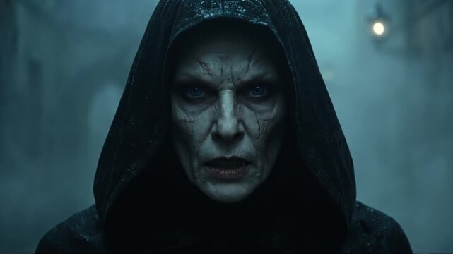 Mysterious Hooded Figure Revealing Scarred Vampire Face with Blue Eyes in Fog