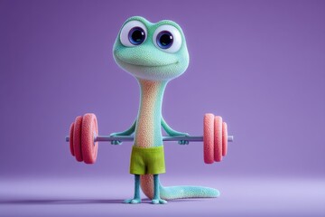 Cheerful 3D cartoon eel lifts pink weights in a vibrant gym scene, wearing green shorts and a friendly smile