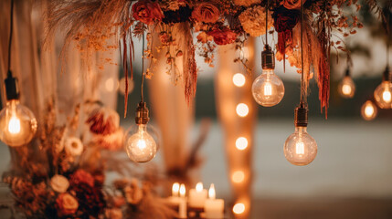 Warm Edison bulbs with rustic floral decor and soft candlelight create a cozy, romantic atmosphere for your event