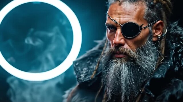 A man with a long beard wearing a pirate costume and a crescent moon