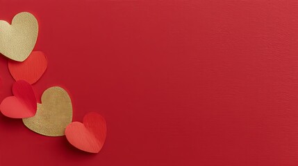 Fototapeta premium Red and Gold Paper Hearts on Luxury Red Background 