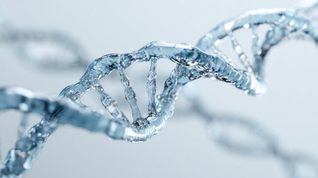 Transparent 3d rendering of liquid DNA helix structure symbolizing genetic research biotechnology and molecular innovation in clean scientific background ideal for healthcare and biotech visuals