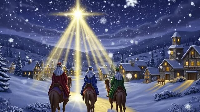 Three wise men journeying on camels under the bright star of Bethlehem toward a snowy village at night