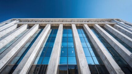 Fototapeta premium Low angle view of modern marble government or corporate building facade with glass windows under blue sky symbolizing architecture strength and institutional design