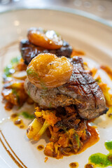 Iberian secret meat with candied apricots and vegetables, l'Escrivania Espai Gastronòmic , Porreres, Mallorca, Balearic Islands, Spain