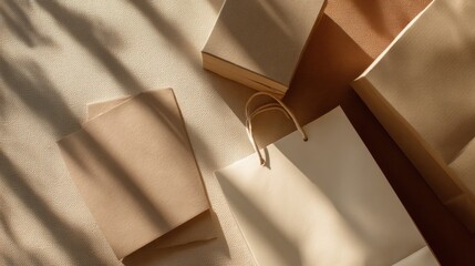 Eco friendly packaging composition with paper bags and kraft envelopes in warm sunlight minimal sustainable branding concept for natural products