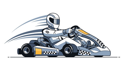 Dynamic Monochromatic Vector Illustration of a Professional Go-Kart Racer in a Sleek White and Gray Suit, Driving a High-Performance Racing Kart at Full Speed, Emphasizing Motion and the Excitement of