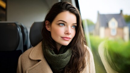 Thoughtful Woman Gazing Out Train Window, Enjoying Autumn Scenery and Contemplating Future Journeys