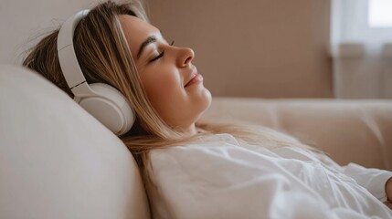 Young woman with blonde hair wearing headphones relaxing on couch with eyes closed and serene expression