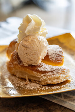 Majorcan ensaimada with almond ice cream, l'Escrivania Espai Gastron&ograve;mic , Porreres, Mallorca, Balearic Islands, Spain