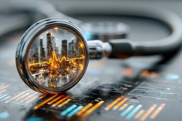 City skyline reflection in a stethoscope lens with glowing heartbeat line and data graphs