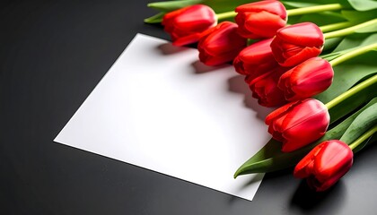 Close-up of bright red tulips and fresh green stems arranged on a dark table, with a blank paper next to them
